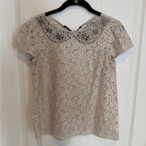 LOFT Cream Lace Blouse with Embellished Neckline